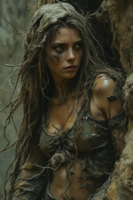 Close-up, (Full body) Middle aged homely woman. Drina is draped in tattered and rotted clothing that seems to meld seamlessly with her surroundings.
Her hair is unkempt and tangled, and her skin is marred with grime and dirt. Her eyes, however, gleam with a disturbing intelligence. (Frank Frazetta, Luis Royo)
masterpiece