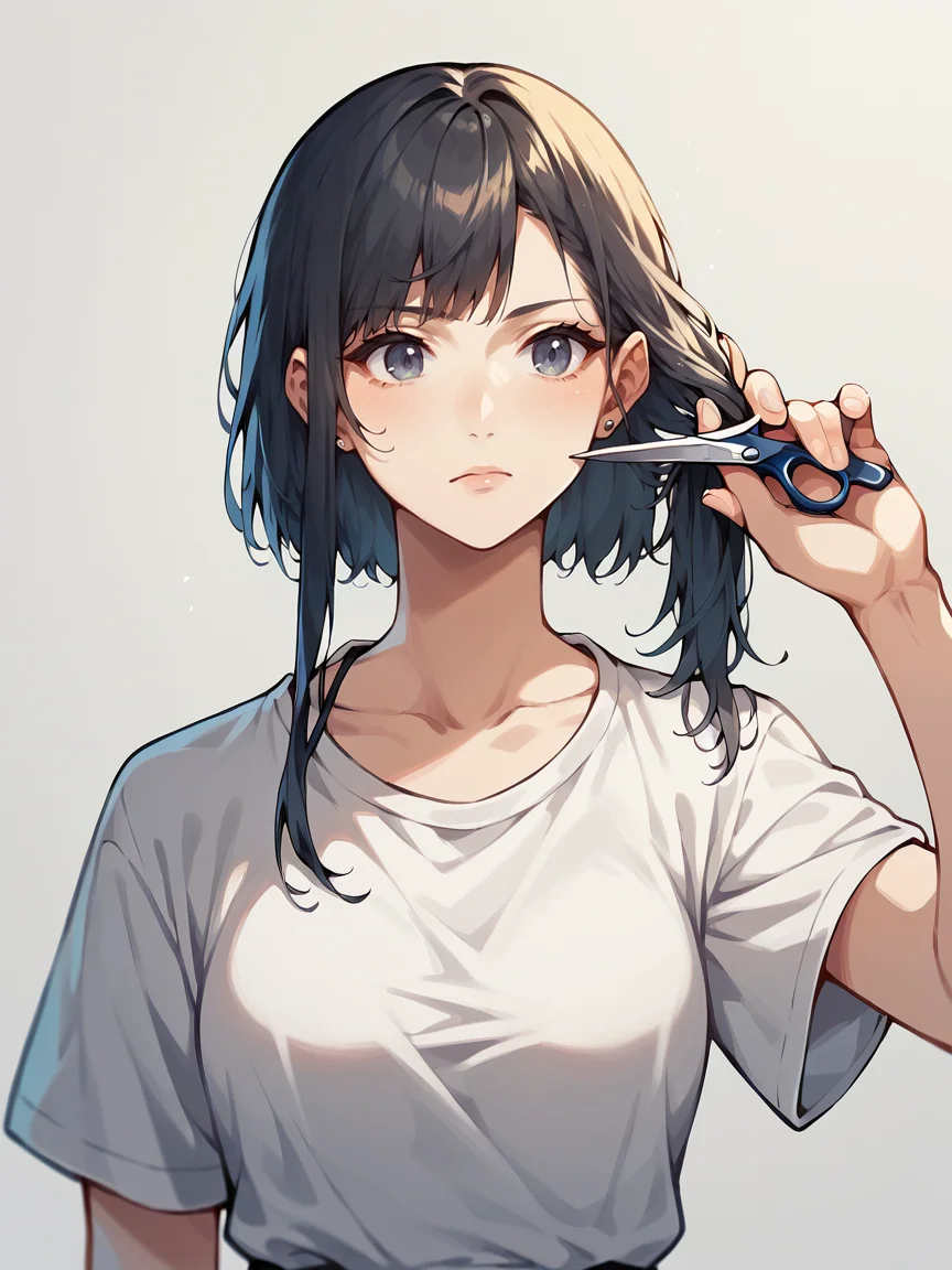 score_9, score_8_up, score_7_up, score_6_up, <lora:cuth41r2:1> cutting hair, cuth41r, haircut, cut off hair, cutting hair, holding hair, holding scissors, 1girl, long hair,