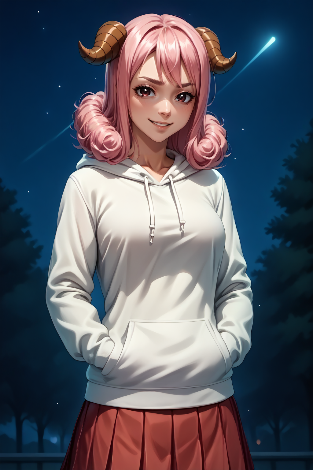 score_9, score_8_up, score_7_up, score_6_up, 1girl, solo BREAK <lora:NSAriesFairyTail:1> NSAriesFaiTai, sheep horns, pink hair, medium hair, hair curls, white hoodie, hands in pockets, red skirt, pleated skirt, dark, night, shivering, slight smile