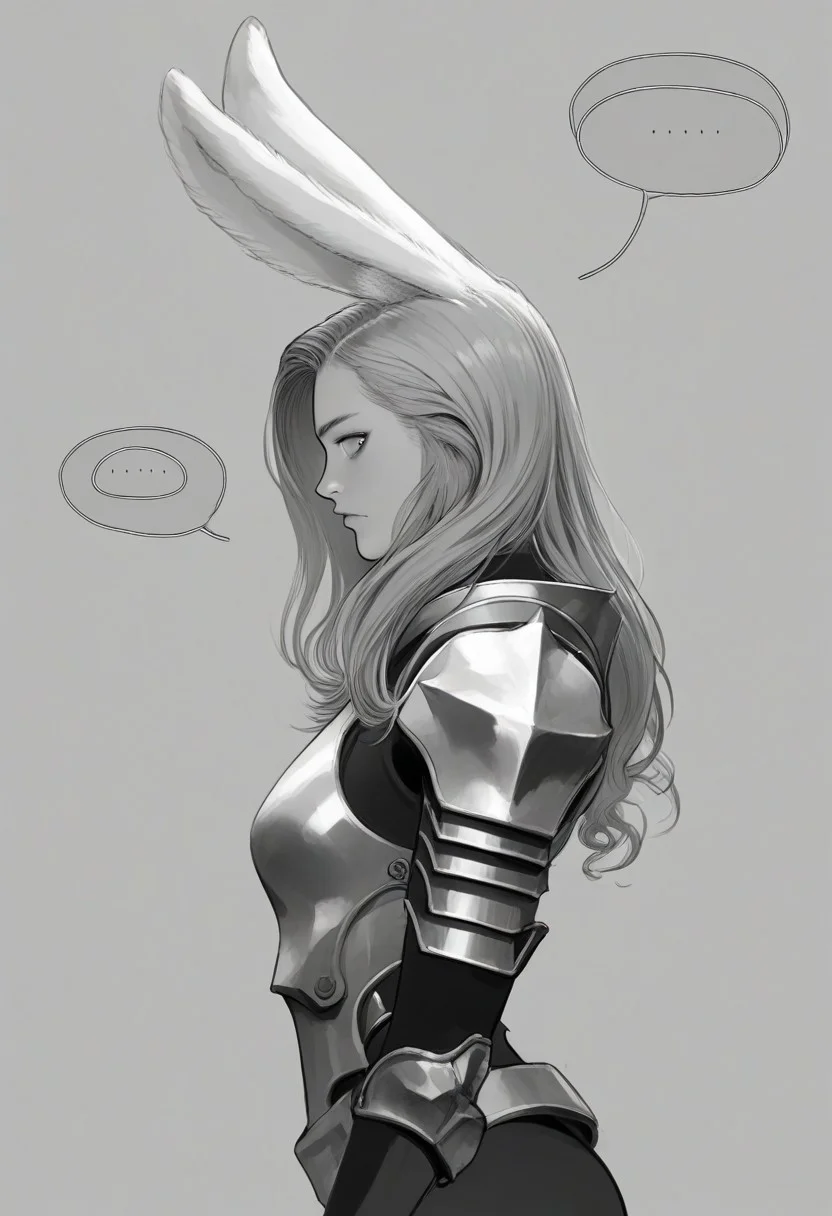 score_9, score_8_up, score_7_up, score_6_up, score_5_up, score_4_up, Lineart, monochrome, greyscale,bodysuit, looking at viewer, solo, grey background, long hair, spoken question mark, simple background, short hair, gloves, rabbit ears, from side, rabbit girl, armor, ..., holding,