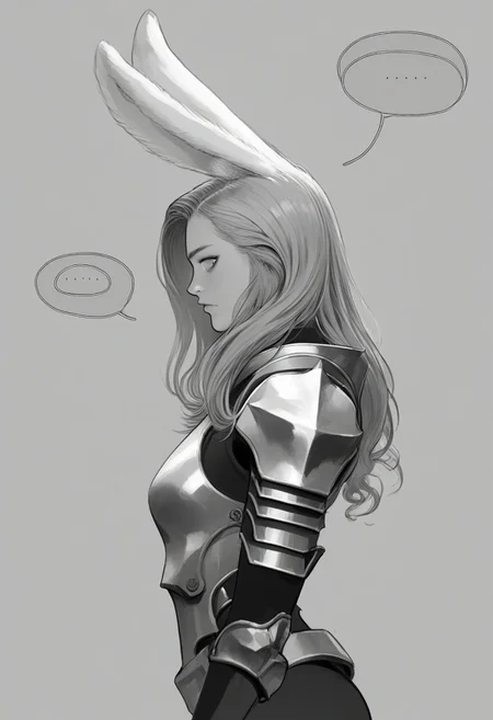 score_9, score_8_up, score_7_up, score_6_up, score_5_up, score_4_up, Lineart, monochrome, greyscale,bodysuit, looking at viewer, solo, grey background, long hair, spoken question mark, simple background, short hair, gloves, rabbit ears, from side, rabbit girl, armor, ..., holding,