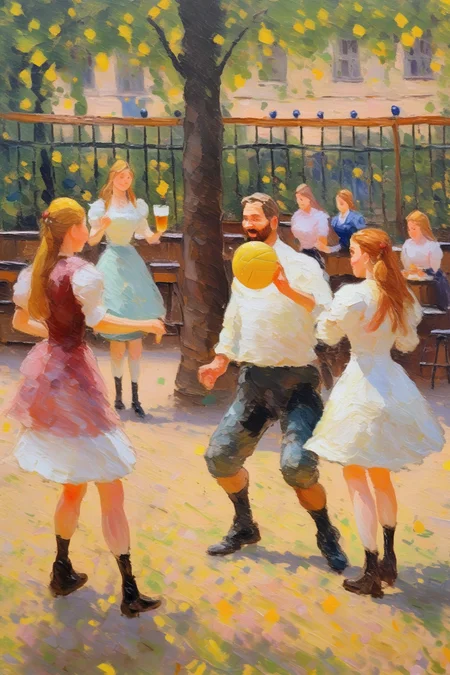 <lora:Konstantin Korovin Style:1>Konstantin Korovin Style - an impressionist painting of a man playing volleyball in a German beer garden with three girls.