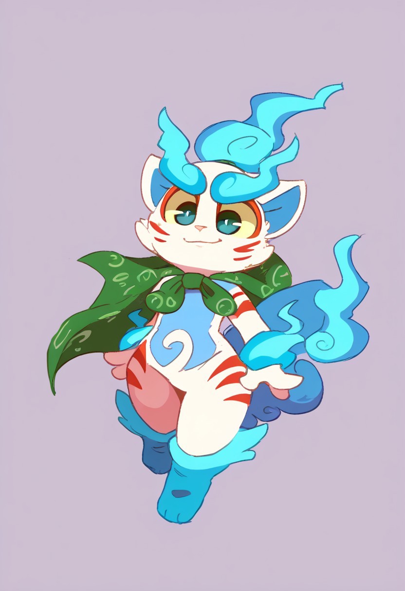score_9, score_8_up, score_7_up, anthro, male,solo, antropomorphic ,shishikoma, komainu, white body, blue belly, flame tail, flame ponytail, blue flames, green cape, green sclera,by Backsash