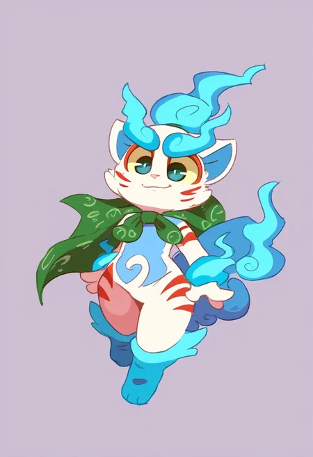 score_9, score_8_up, score_7_up, anthro, male,solo, antropomorphic ,shishikoma, komainu, white body, blue belly, flame tail, flame ponytail, blue flames, green cape, green sclera,by Backsash