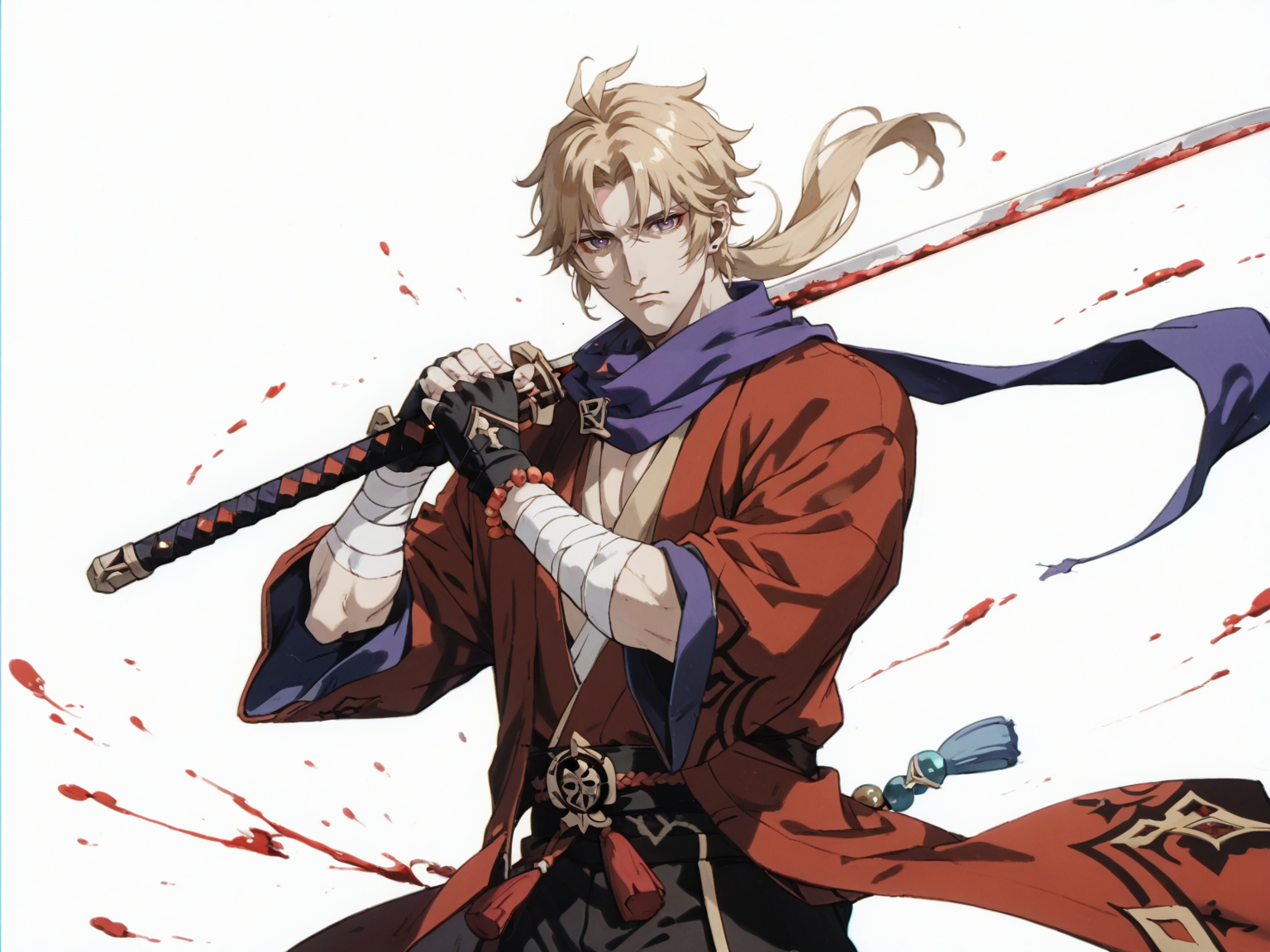 1boy artist_name bandaged_arm bandages bead_bracelet beads black_gloves black_kimono blonde_hair blood bracelet coat covered_mouth fighting_stance fingerless_gloves gloves hair_between_eyes hands_up haori high_ponytail holding holding_sword holding_weapon japanese_clothes jewelry kagotsurube_isshin_(genshin_impact) katana kimono long_sleeves looking_at_viewer male_focus open_clothes open_coat ponytail purple_eyes purple_scarf red_coat scarf simple_background solo sword twitter_username vision_(genshin_impact) weapon white_background wide_sleeves, <lora:ScrollD:0.8>, score_9, score_8_up, score_7_up, zPDXL3