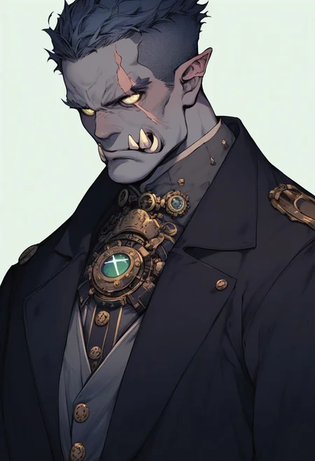 score_9, score_8_up, score_7_up, Male half-orc, short hair, skinny build, artificer, grey skin, steampunk outfit, scars, fantasy style, steampunk engineer, waist-high, steampunk black coat, steampunk formal shirt, solo