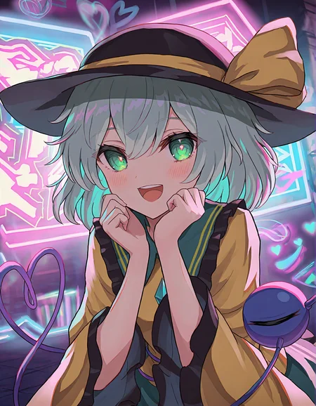 oridays, 1girl, solo, komeiji koishi, neon lights, neon palette,
very awa, masterpiece, best quality, year 2024, newest, highres, absurdres, <lora:oridays-style-noobai-vpred10:1>