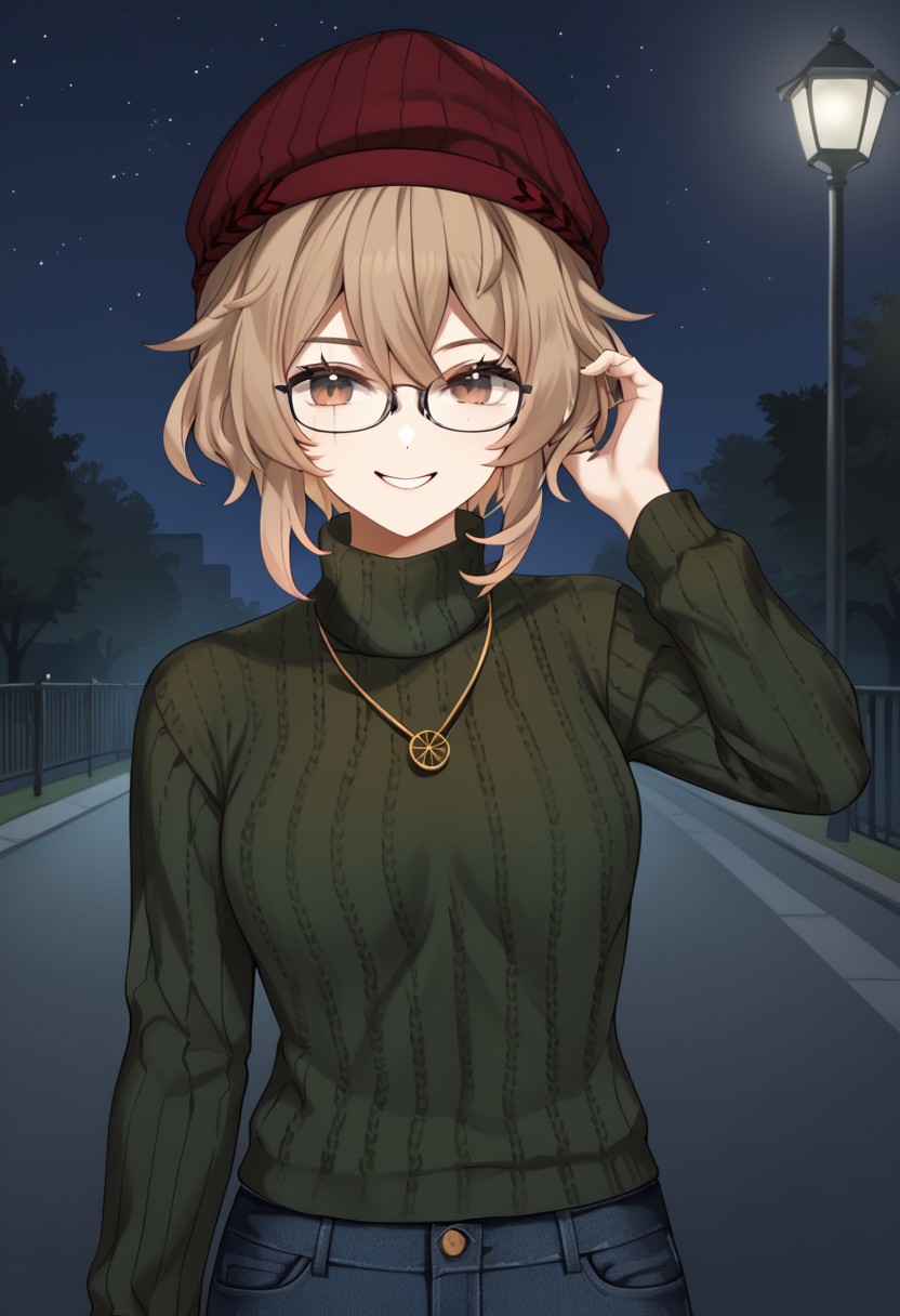 1girl, solo, highres, ClioAite, brown eyes, glasses, short hair, bangs, hair between eyes, black-framed eyewear,  red headwear, hat, beanie,   jewelry, necklace,
long sleeves, sweater, turtleneck, turtleneck sweater, green sweater, ribbed sweater, denim, denim skirt,
looking at viewer, smile, adjusting hair,
amusement park, night, night sky, dark, backlighting, silhouette,