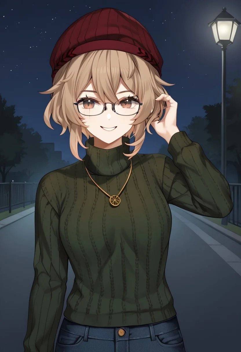 1girl, solo, highres, ClioAite, brown eyes, glasses, short hair, bangs, hair between eyes, black-framed eyewear, red headwear, hat, beanie, jewelry, necklace,
long sleeves, sweater, turtleneck, turtleneck sweater, green sweater, ribbed sweater, denim, denim skirt,
looking at viewer, smile, adjusting hair,
amusement park, night, night sky, dark, backlighting, silhouette,