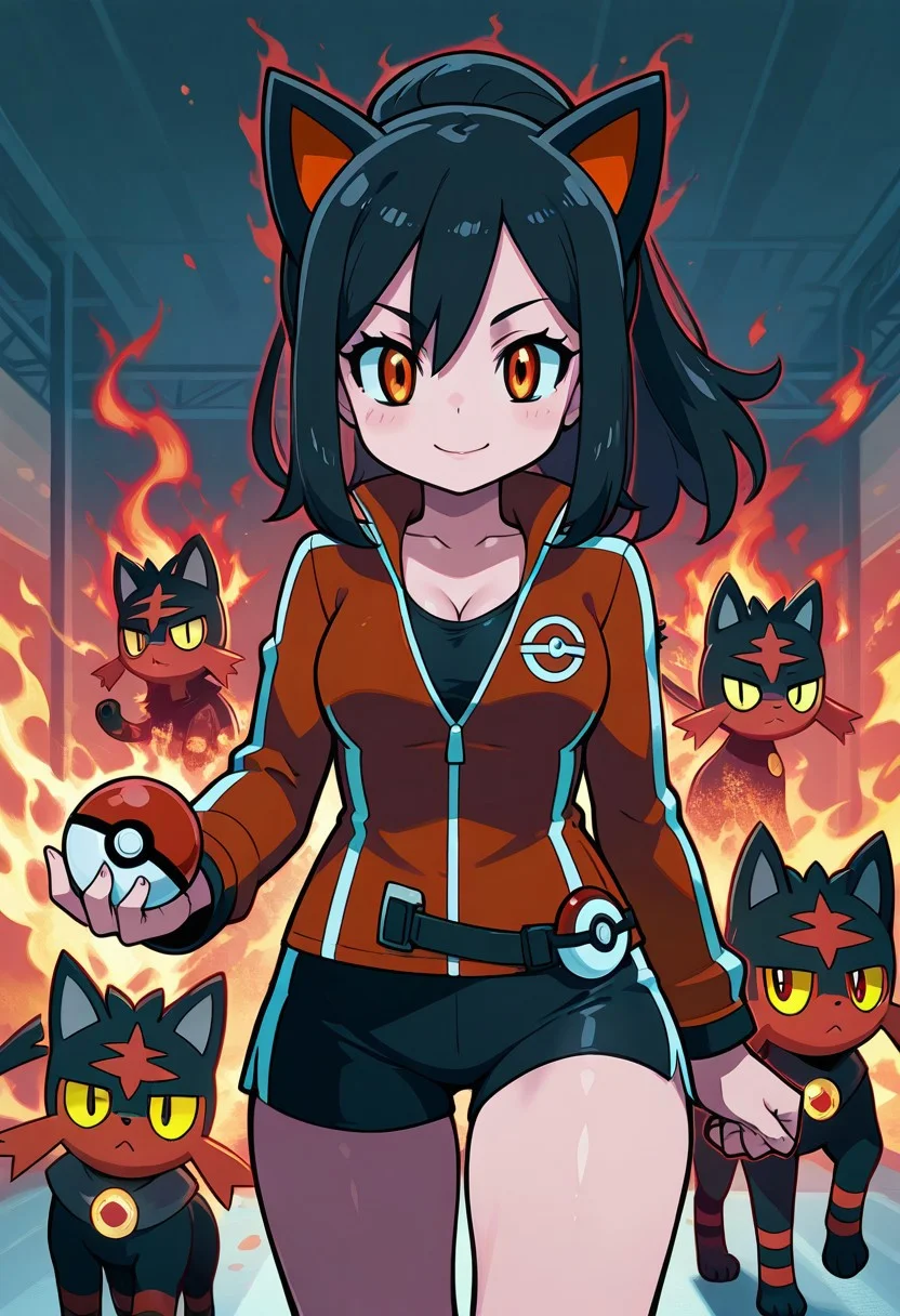cute girl,
,,,
litten companion, black hair, fiery attitude, red jacket, athletic look, pokeball on belt, fiery aura, confident expression
,,,
1 pokemon in background,
pokemon trainer outfit, focused look, cleavage, holding pokeball, looking at viewer, pokemon gym background, training gym background, smile,