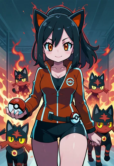 cute girl,
,,,
litten companion, black hair, fiery attitude, red jacket, athletic look, pokeball on belt, fiery aura, confident expression
,,,
1 pokemon in background,
pokemon trainer outfit, focused look, cleavage, holding pokeball, looking at viewer, pokemon gym background, training gym background, smile,