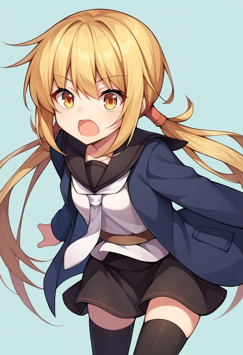 score_9, score_8, score_7, source_anime, satsuki (kancolle), low twintails, skirt, necktie, sailor collar, black serafuku, open mouth, thighhighs, black thighhighs, jacket
