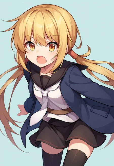 score_9, score_8, score_7, source_anime, satsuki (kancolle), low twintails, skirt, necktie, sailor collar, black serafuku, open mouth, thighhighs, black thighhighs, jacket