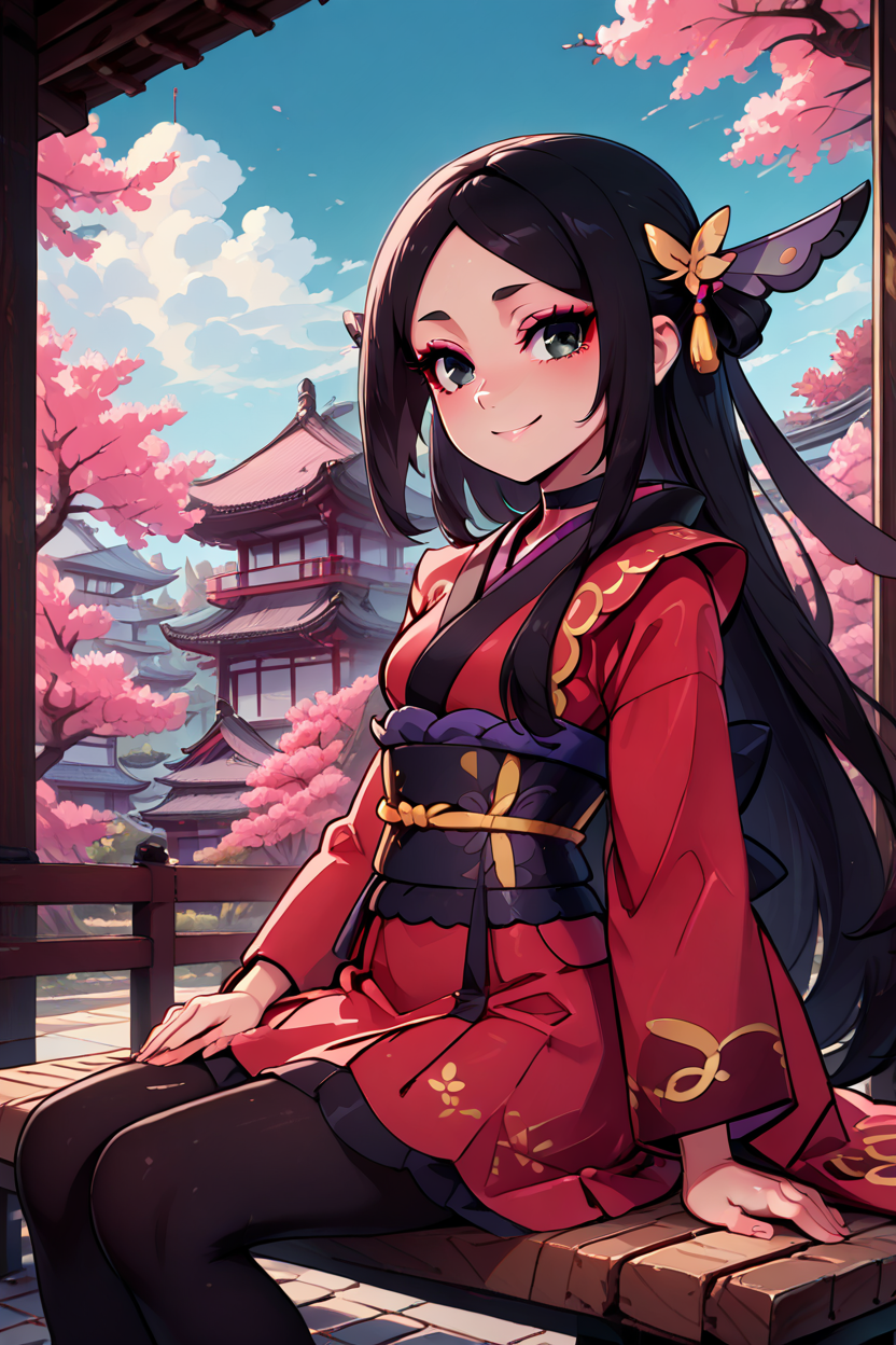 masterpiece, best quality, 1girl, solo, 21 year old model, eyelashes, (beautiful eyes),     ,,,zzValerie, long hair, black hair, black eyes, parted bangs, eyeshadow, hair ornament, black pantyhose, choker, dress, furisode, japanese clothes, kimono, long sleeves, , smile, looking at viewer,  <lora:ValeriePokemonIXL:1.0>,,,sitting on bench, side view, looking at viewer solo, smile, pnkBldng, sky, day, cloud, tree, blue sky, building, architecture, east asian architecture,  <lora:PinkBuildingIXL_v2:1.0>, <lora:GoldenCATLoraIXL:0.6>,