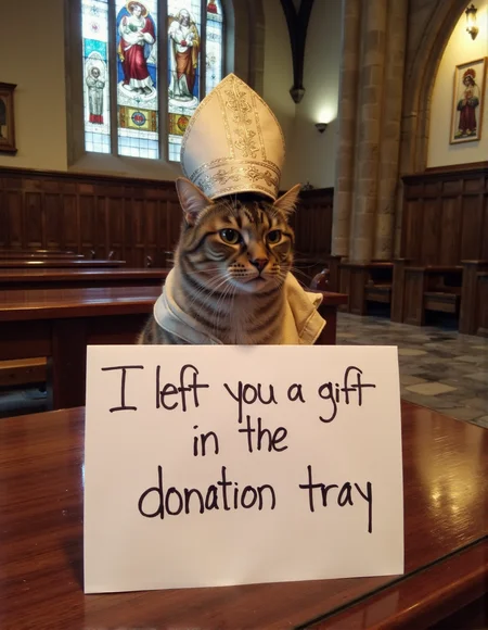 sh4m3 a high resolution photo  of a cat with a sign in front of it that says with handwritten text: "I left you a gift in the donation tray" <lora:Meme_soph-CatShame-FLUX:1>. The cat is wearing a pope hat. The cat is in a gothic church
