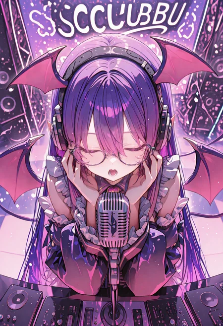 masterpiece, best quality, newest, absurdres, highres, 1girl, Lina Purple, purple hair,succubus girl, glasses, succubus, studio, headphone, microphone, looking_at_viewer, detached_sleeves, idol_outfit, frills, upper_body, closed_eyes, hands_on_headphones, open_mouth, <segment:yolo-AnzhcFace-seg_640_v3_y11n.pt-1,0.25,1//cid=11>