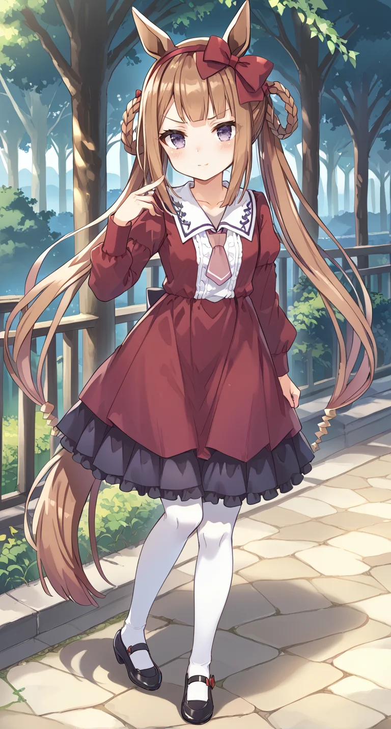 score_9,score_8_up,score_7_up,
official art,official style,game cg,megami magazine,
1girl,
swt casual,sweep tosho (umamusume),
animal ears,bangs,black footwear,bow,braid,brown hair,
collared dress,dress,ear bow,frilled dress,frills,hair rings,
highres,horse ears,horse girl,horse tail,juliet sleeves,long hair,
long sleeves,necktie,pantyhose,pink necktie,puffy sleeves,red bow,
red dress,shoes,tail,twin braids,twintails,v-shaped eyebrows,
very long hair,violet eyes,white legwear,blunt bangs,bow hairband,
hairband,puffy long sleeves,short necktie,alternate costume,blush,
casual,hair ornament,purple eyes,long dress,mary janes,
sailor collar,socks,white socks,eyebrows visible through hair,
hair ribbon,ribbon,hair bow,shirt,official alternate costume,
standing,
<lora:umamusume_sweep_tosho_pony_v1:1>,