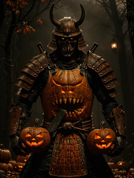 (wide angle photography:1.2), (whole body:1.5), shot, (full body photo:1.1), realistic analog photo, night time, midnight, dark, darkness, ghost vibes,
pumpkin headed zombi samurai in the armor, zombi (teal and orange:0.4),((full body:1.9)), (massive armor), with (pumpkin monster with long tongue and teeth as torso:1.5), big armor, (large samurai armor:1.9), halloween pumpkin as head, low light, facing camera, big muscles, muscled body, badass, badass style, steam punk, lot of details, detailed armor, large shoulders, large arms, large, limbs, half side portrait, ((dark background)), (night time), dark shadow, katana on his back, yoroi armor, pumpkins in background, halloween, pumpkin monster with long tongue comming out of his belly,
epic realistic, faded, ((neutral colors)), art, (hdr:1.5), (muted colors:1.2), hyperdetailed, (artstation:1.5), cinematic, warm lights, dramatic light, (intricate details:1.1), complex background, (rutkowski:0.8), by Blizzard entertainment
, (mysterious atmosphere:1.1), (low luminosity:1.2), in the dark, obscurity, (mist:1.3),
, realistic, depth of field, highres, 4k, 8k, intricate detail, amazing quality, wallpaper, <lora:RMSDXL_Enhance:1>, <lora:perfect-eyes:0.8>  <lora:bonex:1> <lora:dark:0.5> <lora:RMSDXL_Darkness_Cinema:1> <lora:Into_Darkness:0.8>, realistic skin texture, detailed skin pores, skin hair, skin looks real, hi rez skin details
