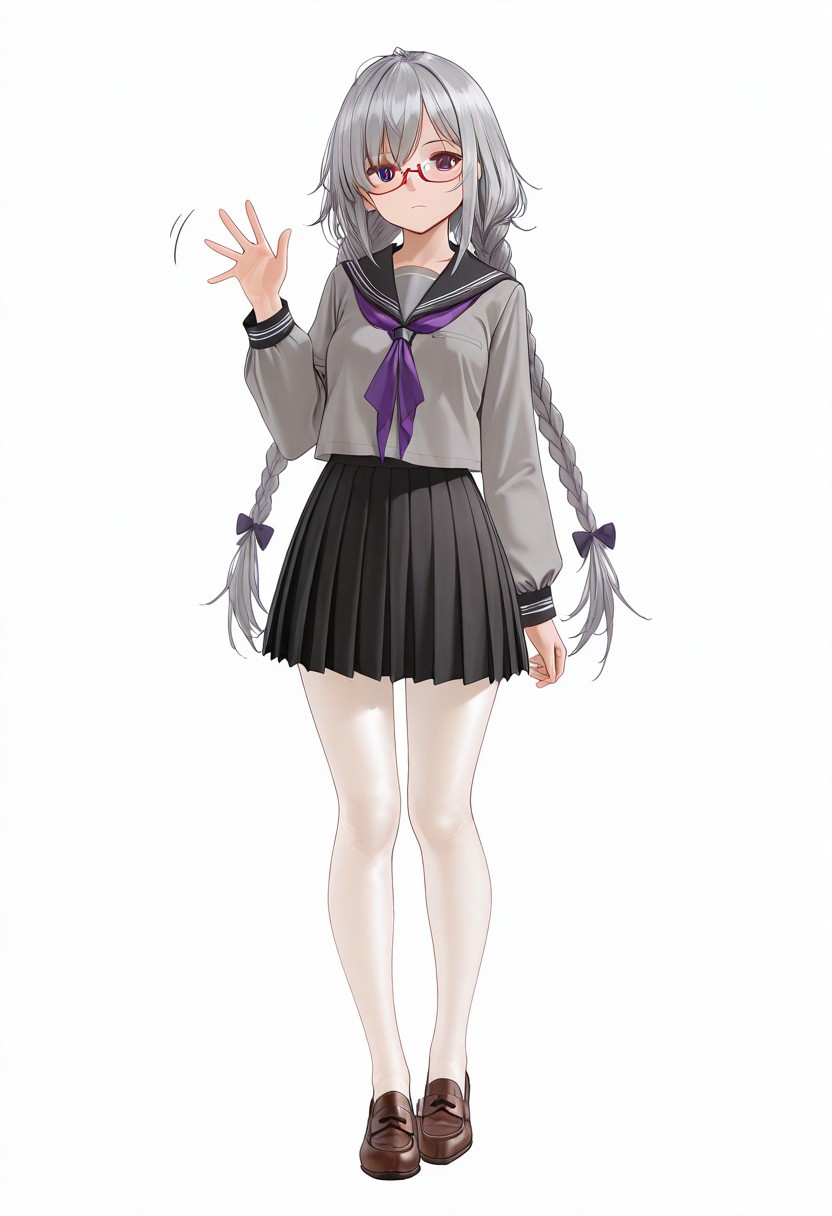 masterpiece, best quality, very aesthetic, absurdres, 
1girl, full_body, solo, vanillaware, brown_eyes, grey_hair, very_long_hair, twin_braids, small_breasts, glasses, red-framed_eyewear, under-rim_eyewear, school_uniform, serafuku, purple_neckerchief, blouse, grey_shirt, black_sailor_collar, long_sleeves, black_skirt, miniskirt, pleated_skirt, white_pantyhose, loafers, brown_footwear, footwear_bow, expressionless, looking_at_viewer, standing, arm_at_side, hand_up, spread_fingers, waving, simple_background, white_background, 
az-ys-il