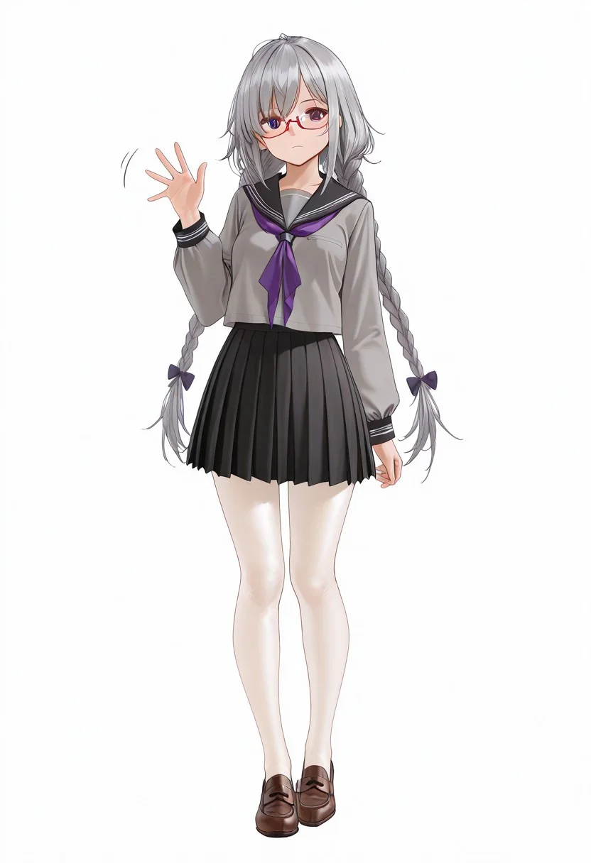 masterpiece, best quality, very aesthetic, absurdres,
1girl, full_body, solo, vanillaware, brown_eyes, grey_hair, very_long_hair, twin_braids, small_breasts, glasses, red-framed_eyewear, under-rim_eyewear, school_uniform, serafuku, purple_neckerchief, blouse, grey_shirt, black_sailor_collar, long_sleeves, black_skirt, miniskirt, pleated_skirt, white_pantyhose, loafers, brown_footwear, footwear_bow, expressionless, looking_at_viewer, standing, arm_at_side, hand_up, spread_fingers, waving, simple_background, white_background,
az-ys-il