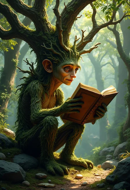 Create an image of an enchanted forest where an ancient, wise-looking tree stands beside a moss-covered rock, engrossed in reading a large, open book. The tree’s branches are shaped like hands, delicately turning the pages. Sunlight filters through the canopy above, spotlighting the tree and its literary pursuit.