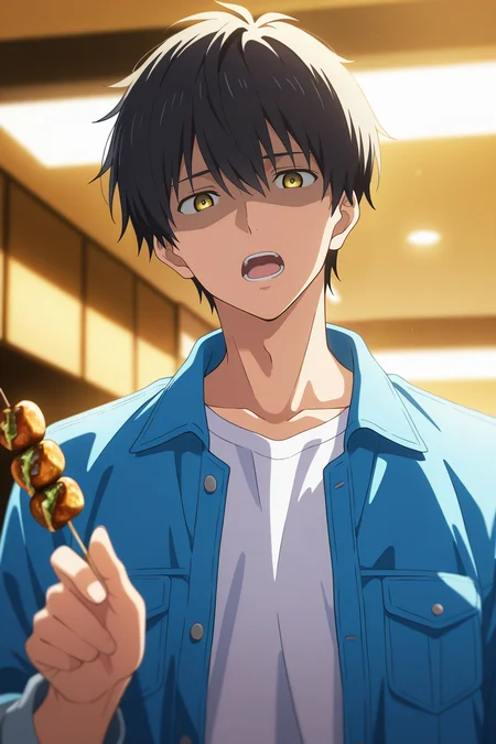 masterpiece, best quality, amazing quality, very aesthetic, high resolution, ultra-detailed, absurdres, newest, scenery, volumetric lighting, depth of field,anime screencap, , , 1boy, solo, male focus, <lora:kuro:0.75>, kuro sakuragawa,black hair,yellow eyes,short hair,white shirt,blue jacket,teeth,open mouth, upper body,open clothes,shaded face,skewer,looking at viewer