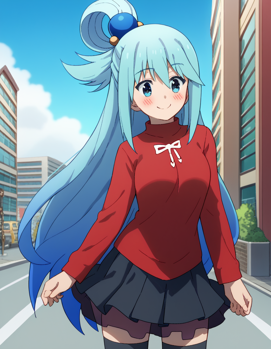 score_9, score_8_up, score_7_up, source_anime, konosubaaqua, <lora:konosuba-aqua-s2-ponyxl-lora-nochekaiser:1>, aqua (konosuba), long hair, blue eyes, hair ornament, very long hair, blue hair, hair rings, single hair ring, hair bobbles,, <lora:rin-tohsaka-cosplay-ponyxl-lora-nochekaiser:1>, rintohsakacosplay, tohsaka rin \(cosplay\), black skirt, black thighhighs, long sleeves, miniskirt, pleated skirt, red sweater, skirt, sweater, thighhighs, turtleneck,, cityscape, street, smile, blush,, cowboy shot, dutch angle, solo,
