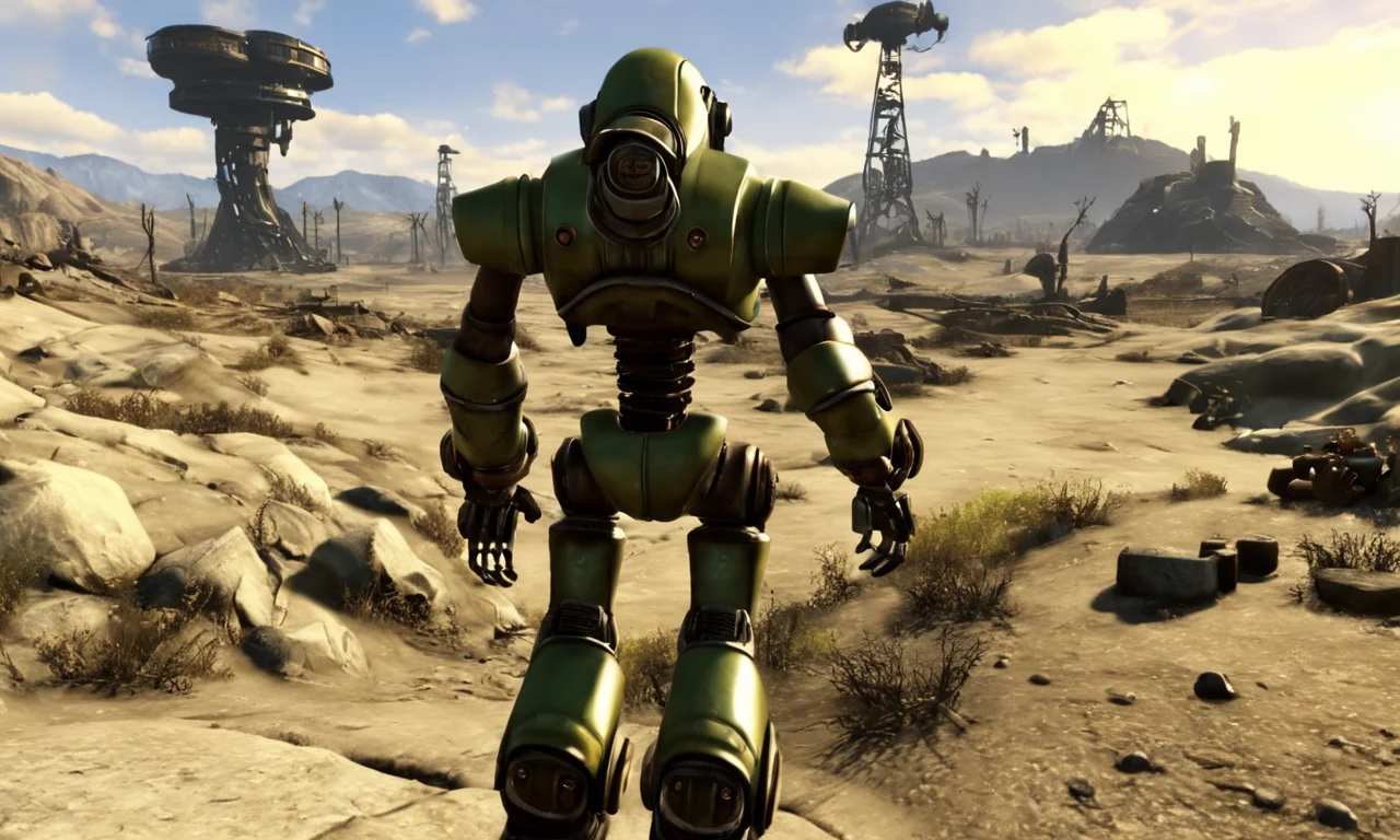 <lora:falloutlandsdxl:0.7>, falloutlandsdxl, epic landscape, best quality, masterpiece, small robot