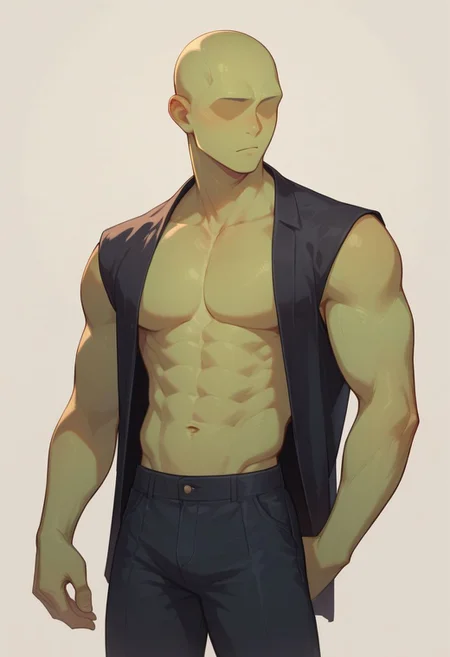 score_9, score_8_up, score_8,
1boy, solo, green skin, no eyes, no eyebrows, bald, no shirt, black suit pants, average body, cowboy shot, white background