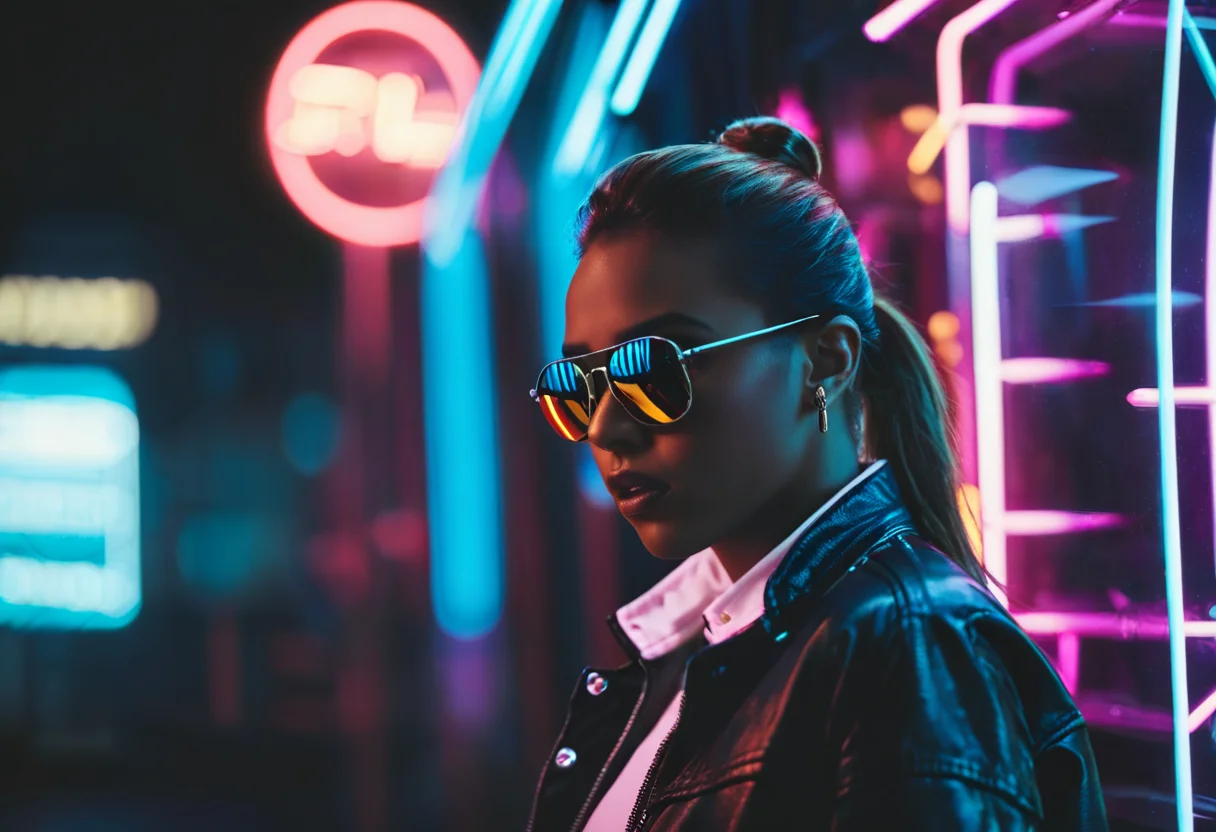 Dynamic cinematic photo, (depth of field, blurry background:1.3)
fflix-npt, neon lights, sunglasses, 3d, dark skin, jewelry, 1girl, earrings, real life, brown hair, 1boy, blurry background, ponytail, upper body, jacket, lips, science fiction, dark-skinned male, realistic, long hair, reflection, original, glasses
<lora:NeonPortraits2700:.75>