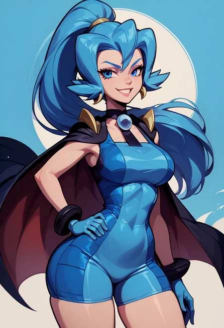 score_9, score_8_up, score_8, big breasts, (curvy), cute, eyelashes,
BREAK,
zzClair, solo, 1girl, long hair, blue hair, blue eyes, ponytail, blue bodysuit, black cape, blue gloves,
cowboy shot, smile, smug, hand on hip, wide hips,
BREAK,
zPDXL, Expressiveh p4st3lg0r3