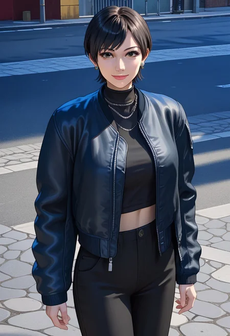score_9, score_8_up, score_7_up, source_anime, 1girl, chitose, solo, black hair, necklace, earrings, short hair, light smile, street, mature female, midriff, pants, jacket, cowboy view, looking at viewer, from side
