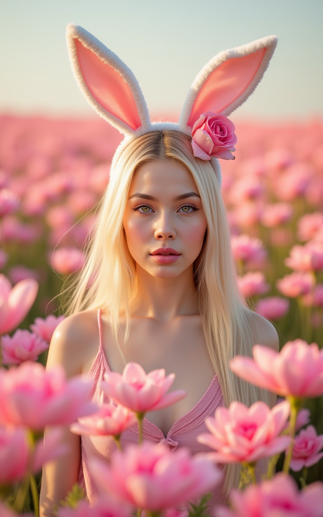 best quality, 4k, 8k, masterpiece, ultra-detailed, a beautiful blonde woman wearing bunny ears in the middle of a field of pink flowers with a rose in her hair
