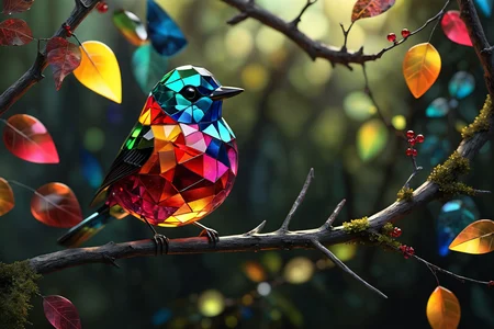a beautiful tiny bird made from triangle colored glass pieces,endless space cealed inside the bird,bird is sitting on the twig in the froest,luminous and shiny,sharp focus,forest background,detailed,photorealism,