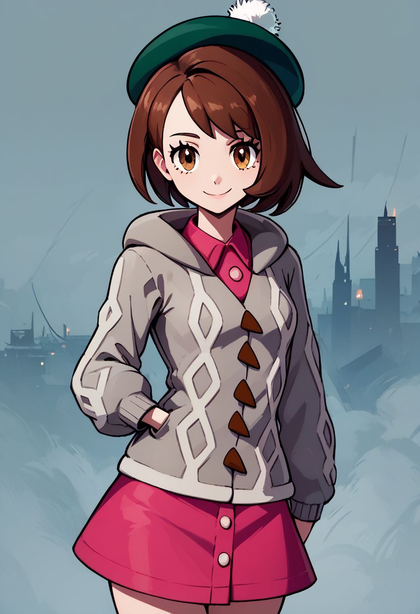 score_9, score_8_up, score_8, medium breasts, (curvy), cute, eyelashes,     
rating safe, 
BREAK,
Gloria (pokemon), brown hair, brown eyes, green hat, grey cardigan, hooded cardigan, cable knit, pink dress, green socks, long sleeves, collared dress,
BREAK,
smile, looking at viewer, 
foggy city background, 
zPDXL,