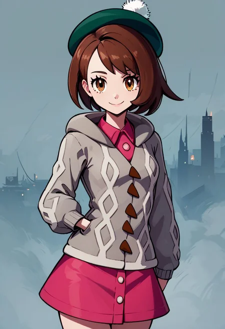 score_9, score_8_up, score_8, medium breasts, (curvy), cute, eyelashes,     
rating safe, 
BREAK,
Gloria (pokemon), brown hair, brown eyes, green hat, grey cardigan, hooded cardigan, cable knit, pink dress, green socks, long sleeves, collared dress,
BREAK,
smile, looking at viewer, 
foggy city background, 
zPDXL,