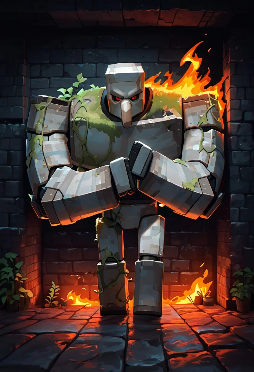 masterpiece, best quality, amazing quality, very aesthetic, absurdres, newest, cinematic, movie scene, foreground blur, 
ironglem, no humans, , black sclera, red pupils,  standing, solo, robot, big nose, long nose, no mouth, plant, grey metal body, vines, mecha, moss, ,  thick gray monobrow, big arms, red pupils, wide shoulders, big body, short legs
in lava, burning, angry, brick walls, cobblestone walls, punching wall, hands on wall,