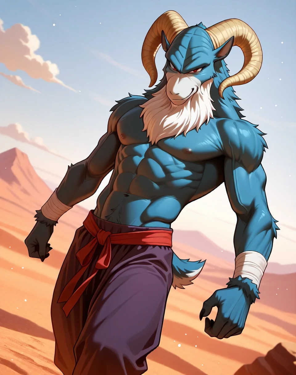 <lora:Moro_1st_Form_(Dragonball_Z)_(Illustrious)_(AD):1.5> Moro, muscular, goat,
dutch angle, exterior, desert, sky with detailed clouds,
male focus, gradient coloring, solo, cowboy shot, bent leg, perfect proportions, goat head, blue body, soft shading, evil smirk, old, aged up, frail, wrinkles, long white beard, thin waist,
BREAK very awe, aesthetically pleasing, masterpiece, best quality, amazing quality, very aesthetic, perfect depth of field shot, in'ei, furry_art, source_furry, source_anime,
EZRealPONYXL, zPDXL, Smooth Quality, lazympos, IllustQualXL_Pos,