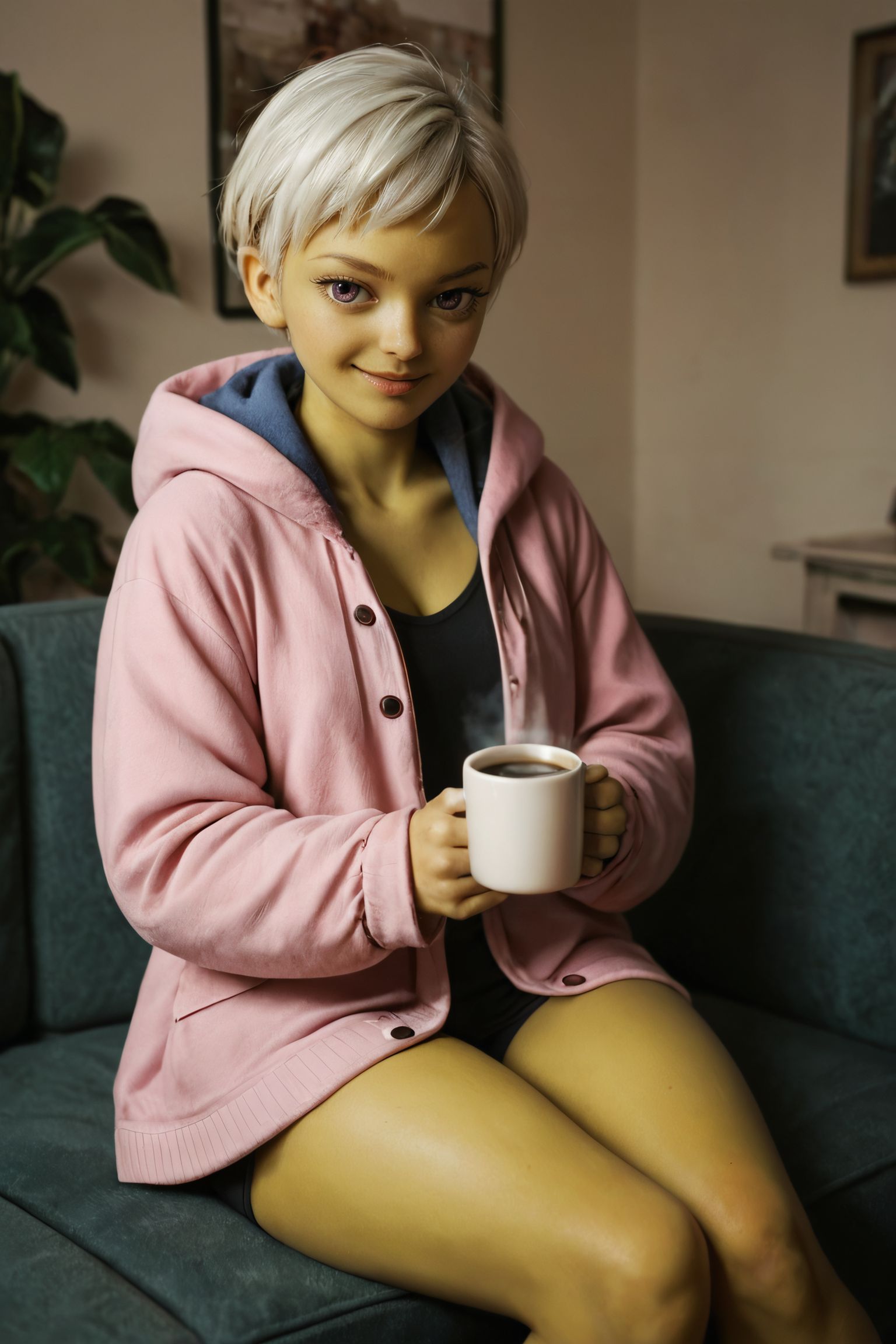 zPDXL3, <lora:cheelai_pony_v1:.6>,
cheelai, short white hair, purple eyes, eyelashes,colored skin, green skin, hood down, pink coat, thighs, looking at viewer, smiling, sitting, on couch,inside cozy living room, holding coffee mug,