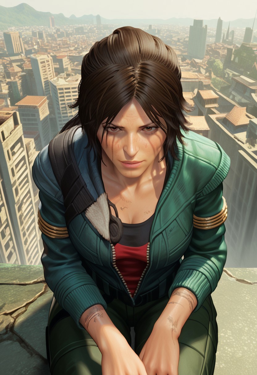 Score 9, score 8, score 7, 1girl, solo, Lara croft, tomb raider, exterior, city, sitting, jacket, hc, face focus, looking at viewer,