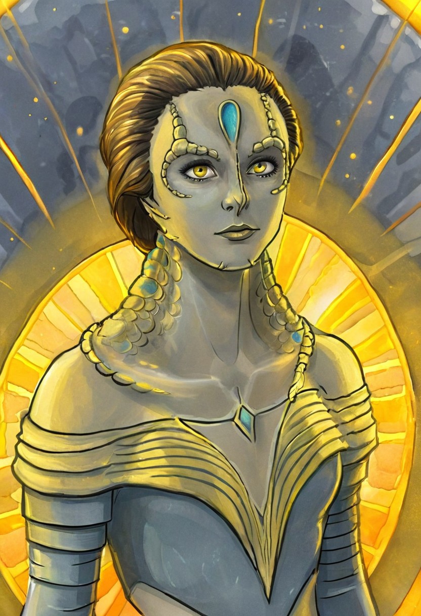 (a female c4rd45514n alien, forehead crest, grey skin, ridges, scales), space explorer, bright yellow god rays, sun circle