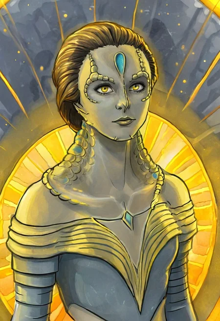 (a female c4rd45514n alien, forehead crest, grey skin, ridges, scales), space explorer, bright yellow god rays, sun circle