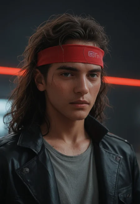 score_9, score_8_up, score_7_up, amazing quality, ((single character)), 80s cyberpunk, 80s movie with film grain, character portrait, industrial city with neon advertisements,
BREAK, a korean american man tightening his red headband, wearing a black leather jacket and a grey shirt with crimson kanji symbols, wearing black aviators, wavy combed hair, slightly sweaty porous skin,