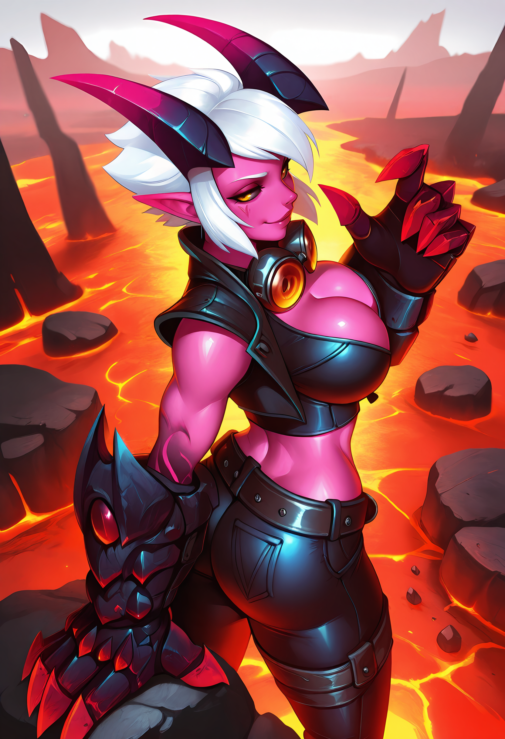 1girl, solo, large breasts, cleavage, wasteland, lava, rock, looking back, seductive smile, <lora:DemonViIL-19:1>, demonviil, gauntlets, pointy ears, short hair, white hair, colored skin, pink skin, oversized limbs, pants, demon girl, belt, demon horns, goggles around neck, midriff, masterpiece, best quality, amazing quality,