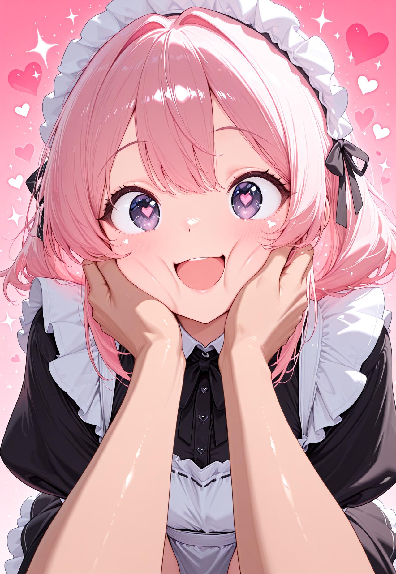 masterwork, masterpiece, best quality, hyper-detailed, 8k uhd, 1girl,solo, CivChan, pink hair, purple eyes, maid, (hearts, sparkles:1.5), pink background, :D, quality: masterpiece, extremely aesthetic, highly detailed, squeezing cheek, hand on man arm,