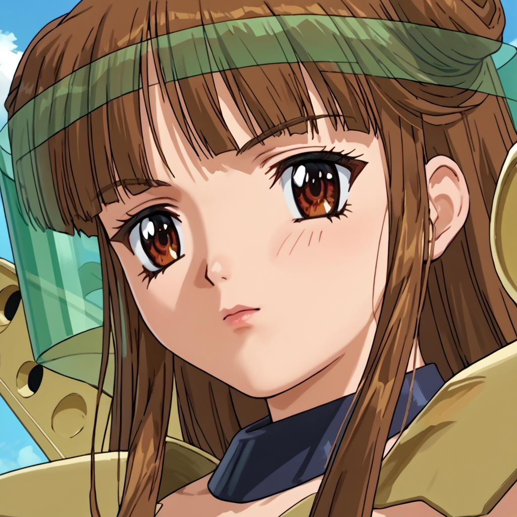 score_9, score_8_up, score_7_up, score_6_up, outdoors, sky,  <lora:Uruka_Sumeragi_ç_ããã_-_Steel_Angel_Kurumi_2_é¼éå¤©ä½¿ããã¿2å¼:1> uruka sumeragi, uruka, 1girl, solo, brown hair, long hair, blunt bangs, side locks, double bun, brown eyes, Outfit-I, red spandex, gold armour, gold gauntlets, gold boots, gold jetpack, gold pauldrons , gold knee pads, gold wings, green visor, close up,