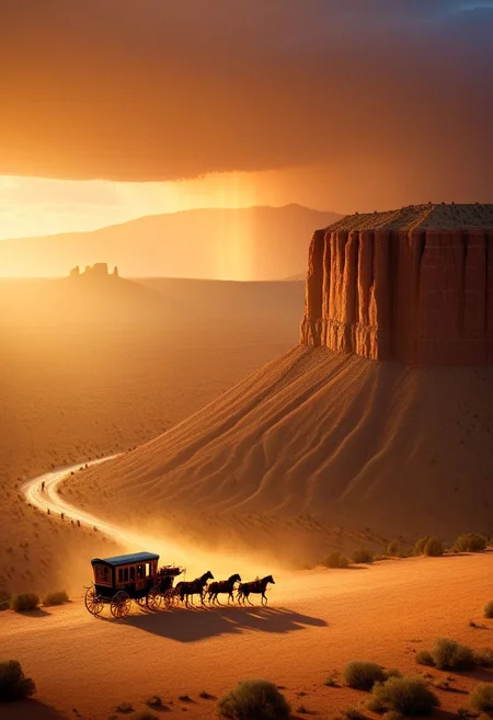 ispzxll, diorama, isometric, miniature, volumetric lighting style, intricate details, old west, americain frontier, wild west, horse, carriage, fast, view of bluff, dynamic frame, long shadows, golden hour, epic, rainstorm on horizon