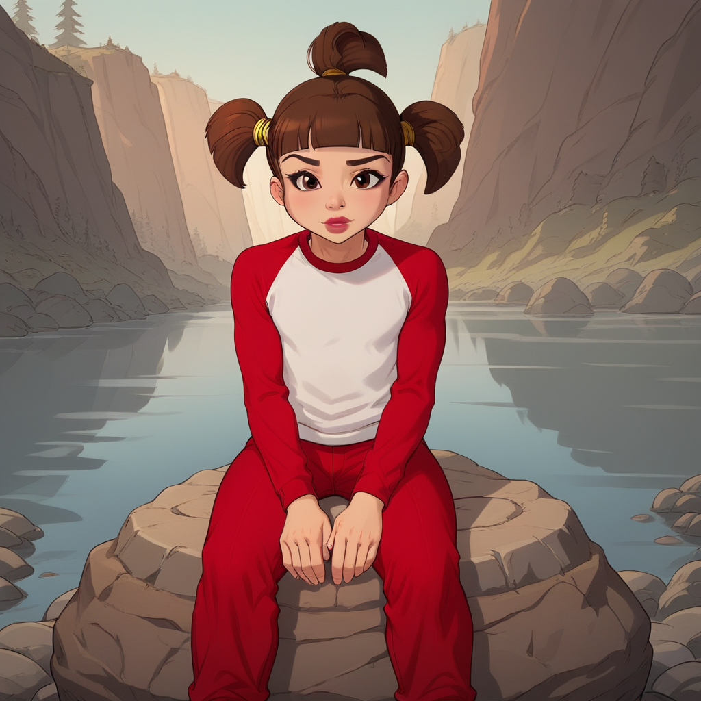 score_8_up, BREAK, 1girl , solo, Trixie, brown hair, tri tails, brown eyes, blunt bangs, lipstick, white shirt, red raglan sleeves, red sleeves, red pants, sitting on rock,  <lora:Trixie_LazyTown_PXL_Leaf1v2:1>, outdoors,