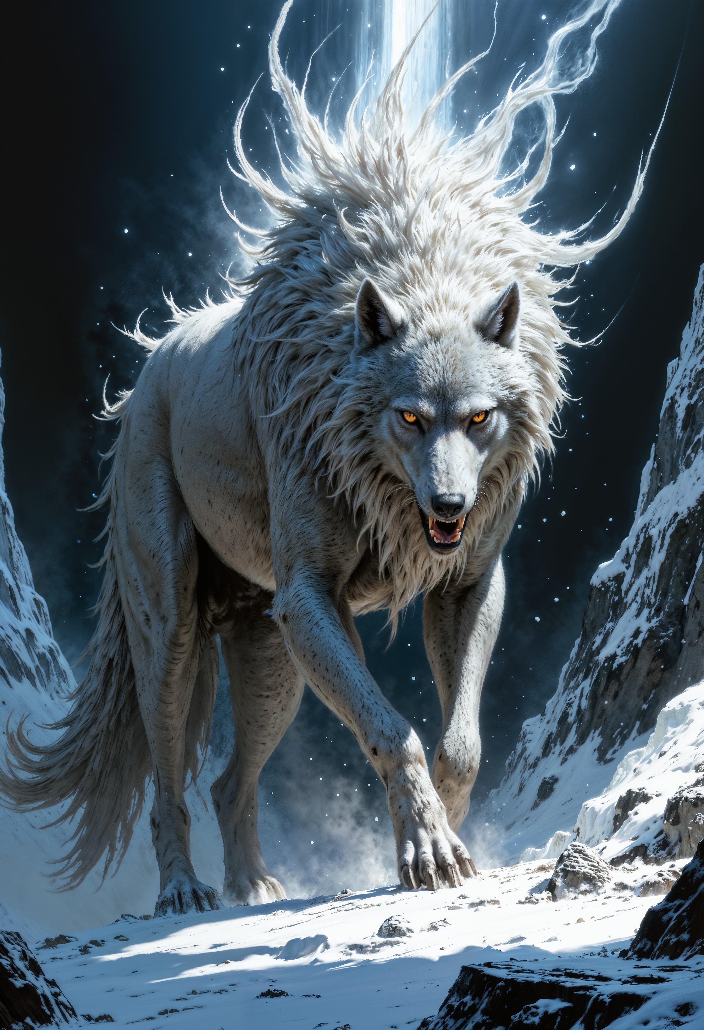 Hyper-detailed masterful traditional oil painting of a fierce dire wolf surrounded by an icy tundra, in the style of Game of Thrones and Lord of the Rings. Frost clings to its thick fur, each strand shimmering with frozen dew under the pale, wintry light. Dark shadows and shadow play emphasize the biting cold, with icy winds swirling around the wolf's muscular form. The background is filled with jagged glaciers and snow-covered mountains. Frost-covered breath escapes its bared fangs, glowing in the highly dramatic lighting. Atmospheric haze, harmonic yet cold colors, with a limited palette of icy blues, whites, and grays. The wolf’s glowing eyes and frost-encrusted fur stand out against the dark, frozen landscape. Visible brushstrokes, masterclass artistry, perfect composition, and a highly dynamic full panoramic shot evoke a sense of primal power and the harshness of winter.