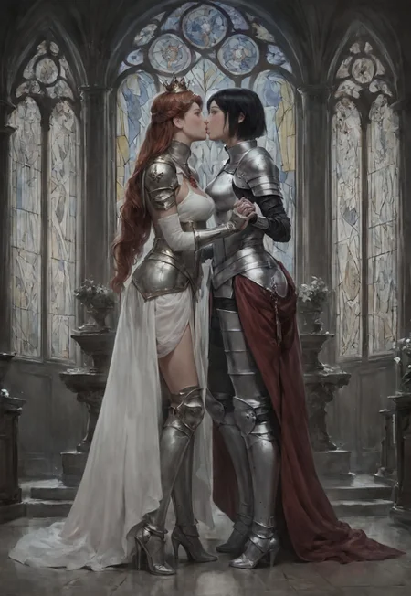 score_9, score8_up, score_7_up BREAK concept art, realistic, masterpiece, best quality, ultra-high resolution, incredible composition, 2girls, in throne room, stained glass, detailed, detailed background, fully clothed, ((kissing lovingly)), secret love, forbidden love, (holding hands), ((looking at each other)), longing gaze, happy scene, full body shot
BREAK (((queen))), in regal attire, long gloves, crown, auburn hair, very long hair, blue eyes
BREAK (((knight))), in armor, no helmet, black hair, medium hair, brown eyes
